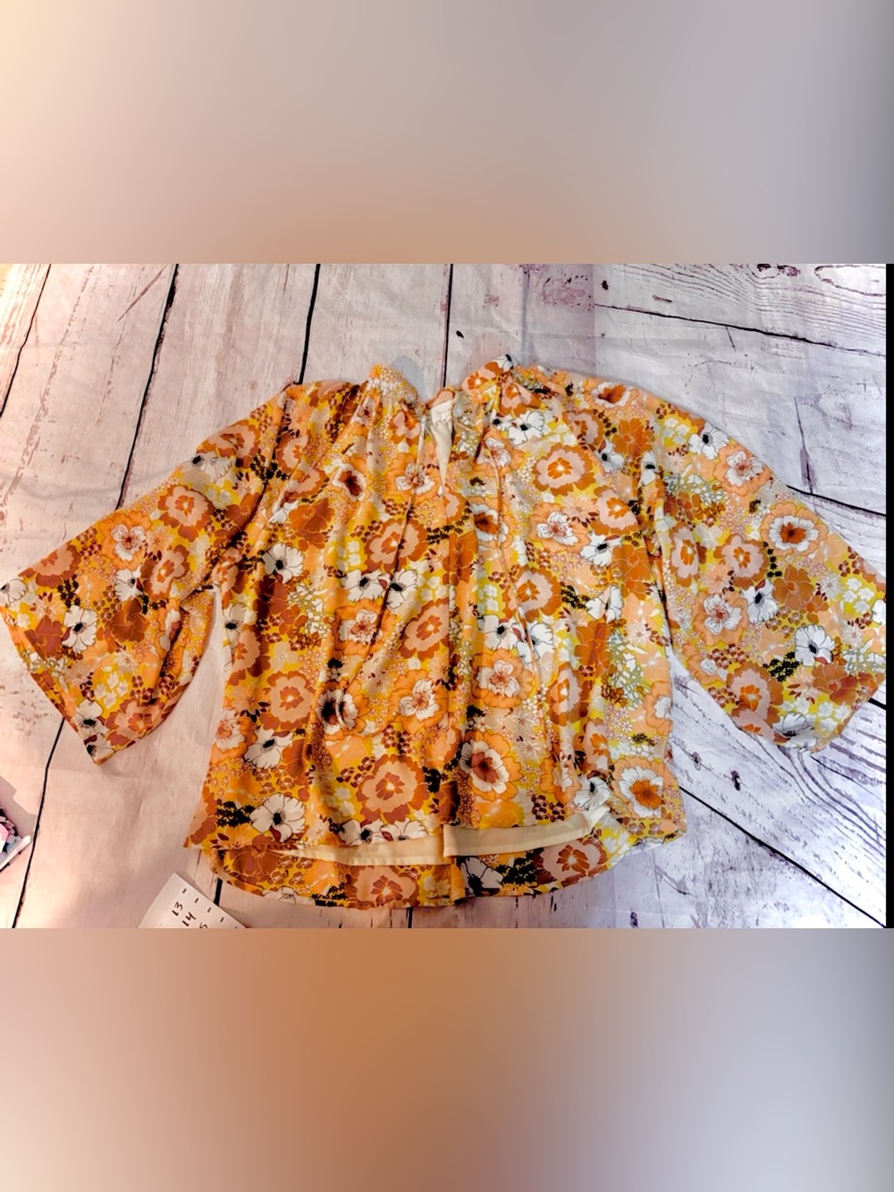 MELLODAY WOMENS retro Yellow & Brown Floral v-neck XL Top